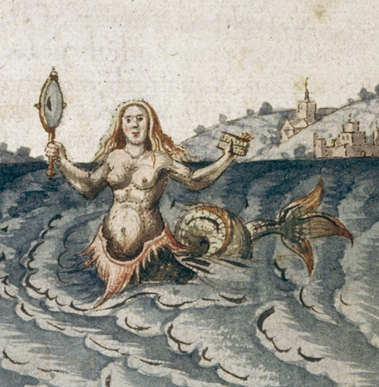 A mermaid holding a mirror and a fish tail

Description automatically generated
